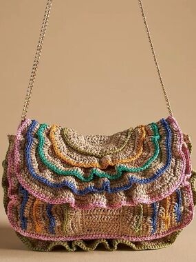 Anthropologie Maeve Multicolor Ruffle Purse Gold Chain Bag